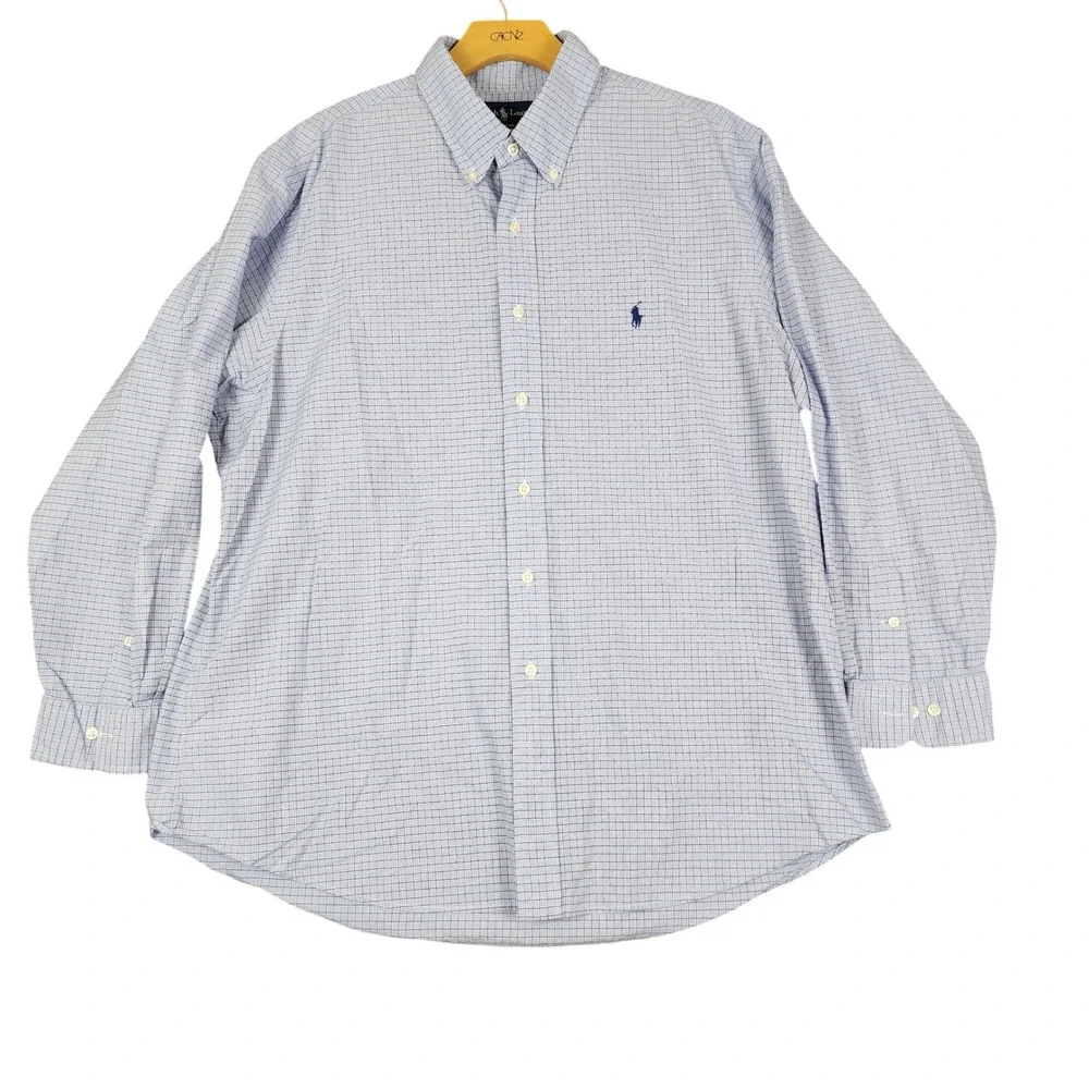 Polo Ralph Lauren Mens Dress Shirt 17.5 32/33 Blue White Check Custom Fit Cotton